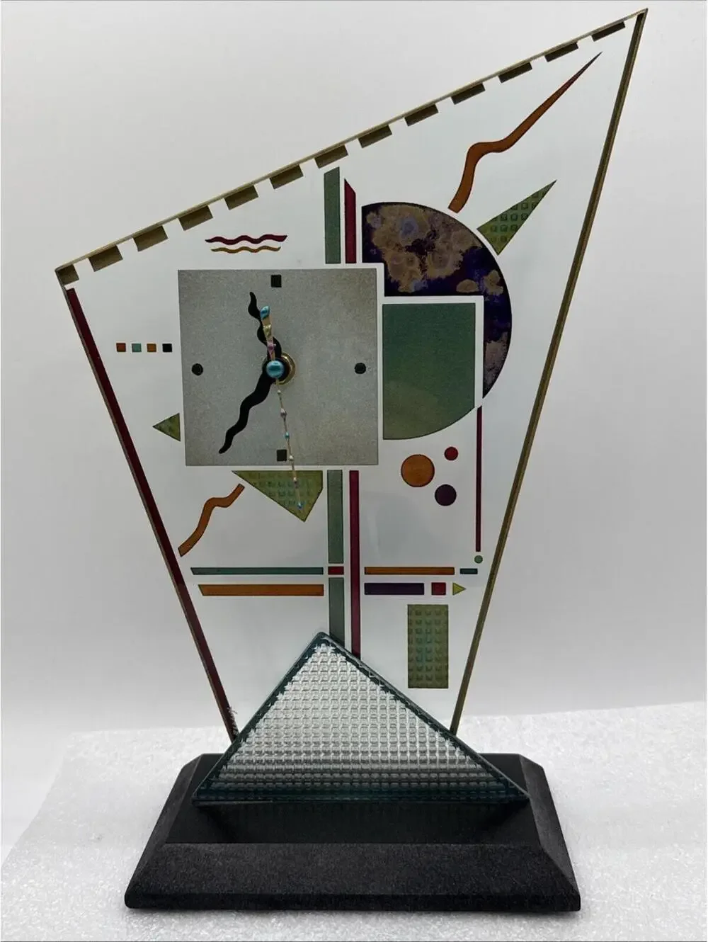 Vintage Art Deco Beaux Glass Mantle Geometric Takane Quartz Clock Signed 12.5”